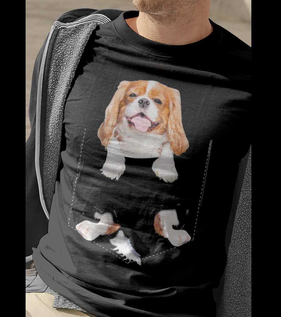 Cavalier King Charles Spaniel Puppy In Faux Pocket T-Shirt