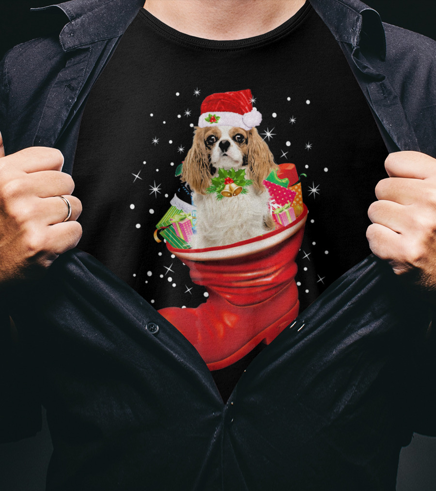 Cavalier King Christmas Dog In Festive Boot With Gifts T-Shirt