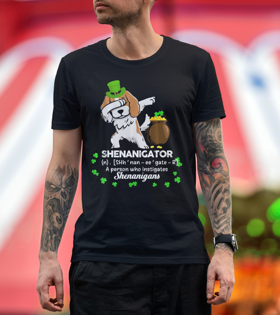Shenanigator Cavalier King Dog with Green Hat and Pot of Gold T-Shirt