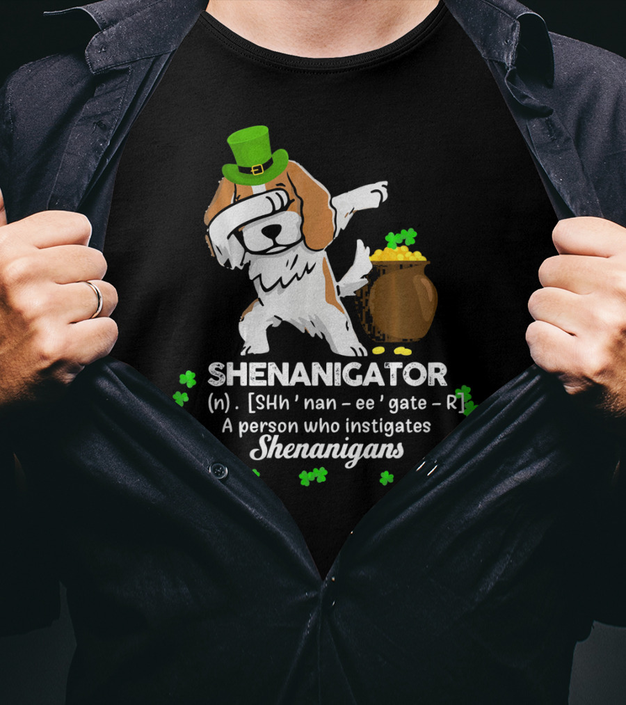 Shenanigator Cavalier King Dog With Green Hat And Pot Of Gold T-Shirt