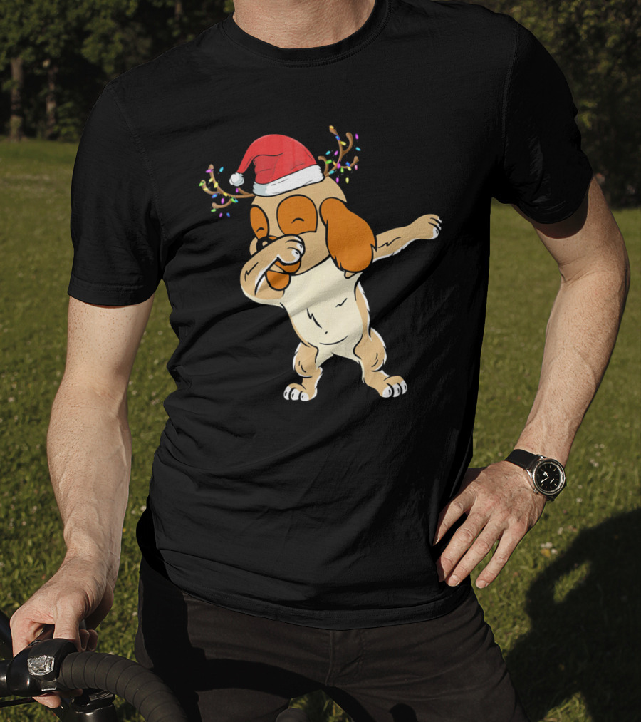 Christmas Cocker Spaniel Dabbing Reindeer Antlers Santa Hat T-Shirt