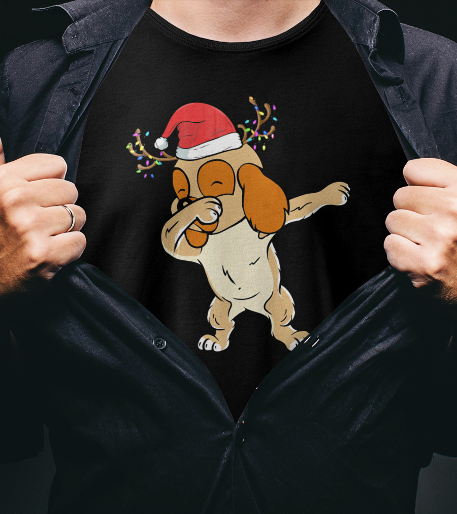 Christmas Cocker Spaniel Dabbing Reindeer Antlers Santa Hat T-Shirt