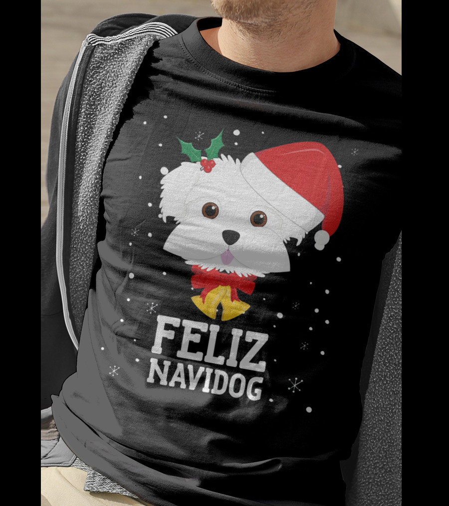 Feliz Navidog Christmas Maltese Dog With Santa Hat And Holly T-Shirt