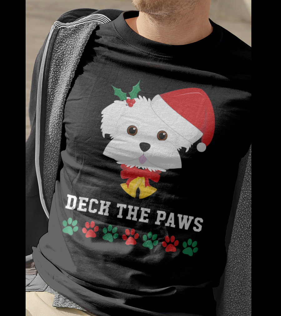 Deck The Paws Christmas Dog Maltese Santa Hat Paw Prints T-Shirt
