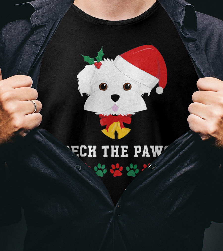 Deck The Paws Christmas Dog Maltese Santa Hat Paw Prints T-Shirt