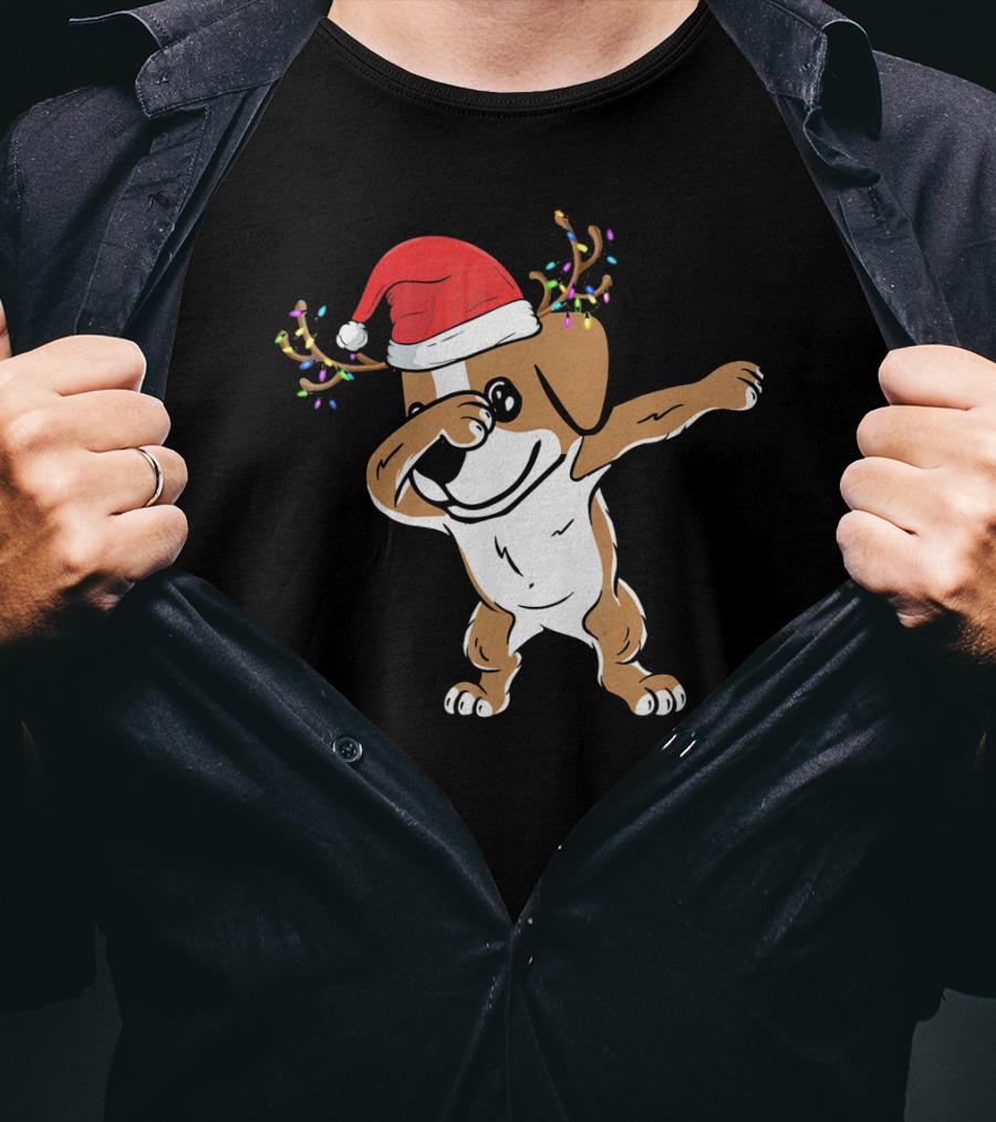 Christmas Jack Russell Terrier With Santa Hat And Reindeer Antlers Dabbing Dab T-Shirt