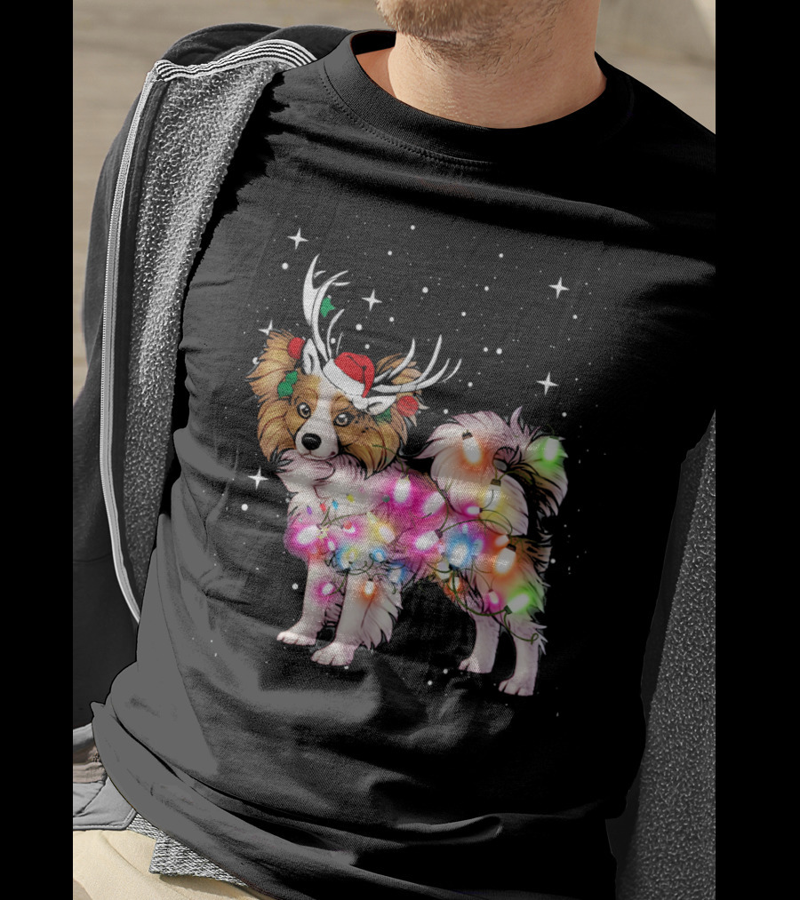 Papillon With Christmas Lights And Santa Antlers T-Shirt
