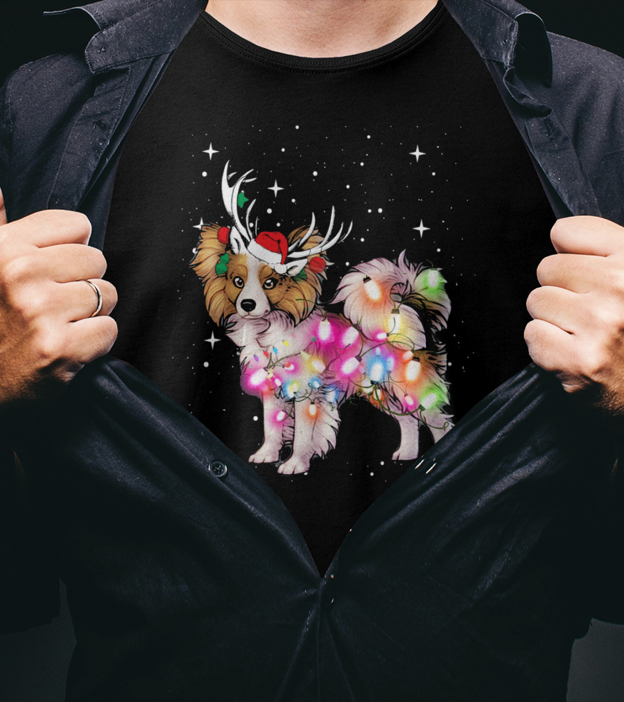 Papillon With Christmas Lights And Santa Antlers T-Shirt