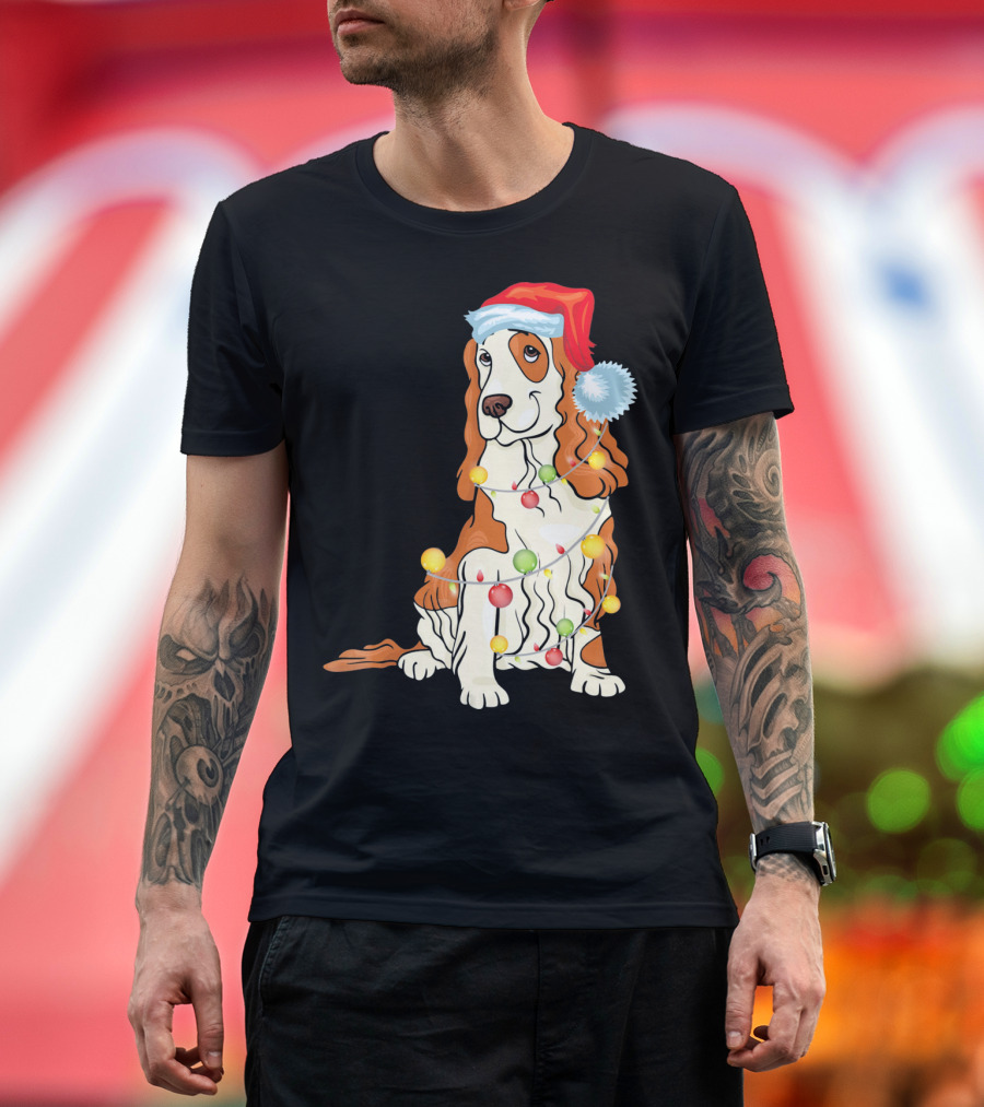 Cocker Spaniel Wearing Santa Hat with Colorful Christmas Lights T-Shirt