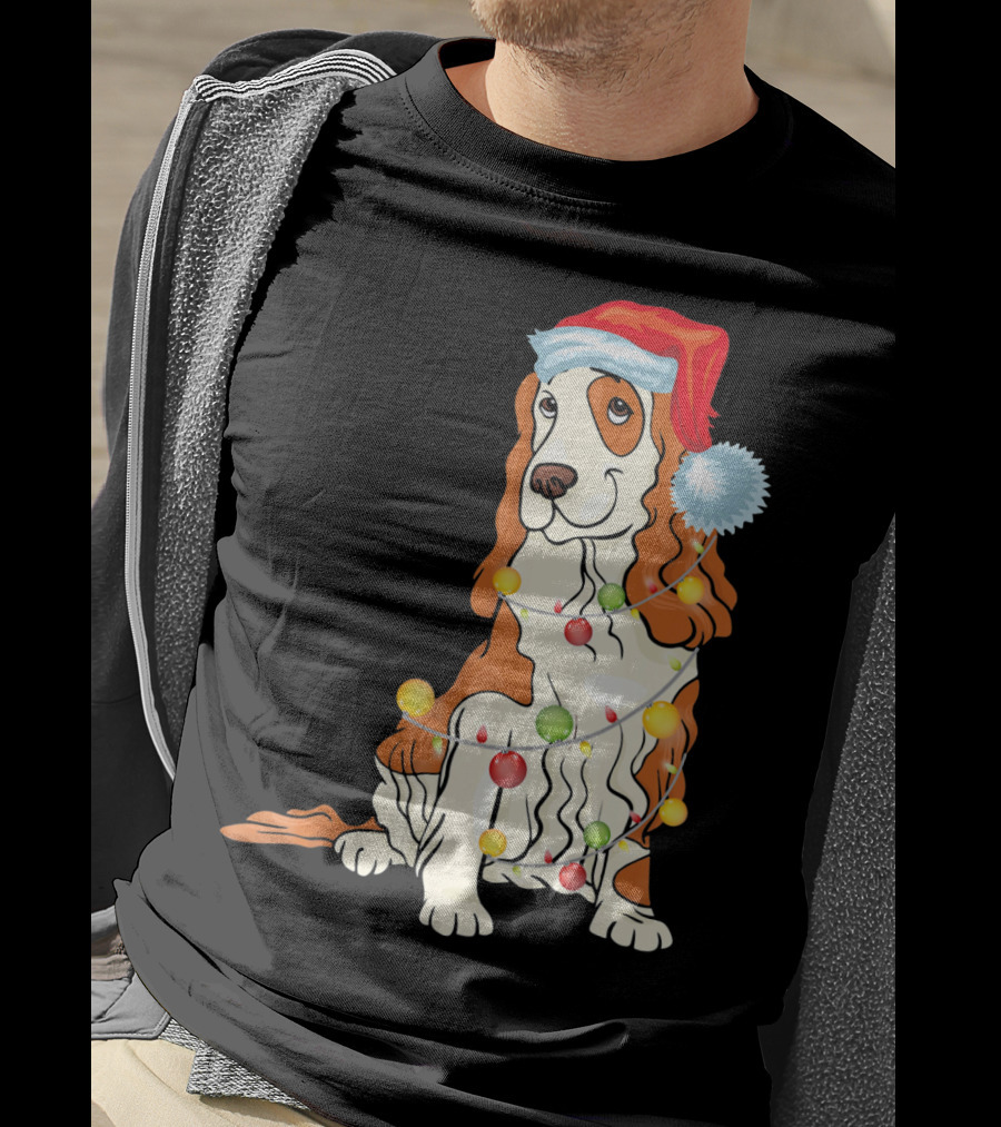 Cocker Spaniel Wearing Santa Hat With Colorful Christmas Lights T-Shirt