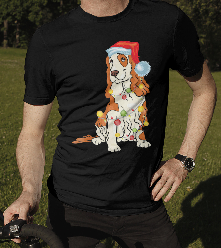 Cocker Spaniel Wearing Santa Hat With Colorful Christmas Lights T-Shirt