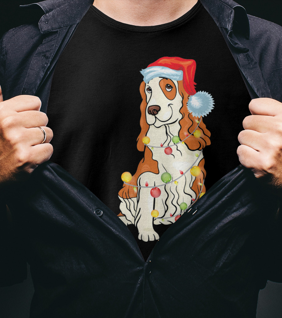 Cocker Spaniel Wearing Santa Hat With Colorful Christmas Lights T-Shirt