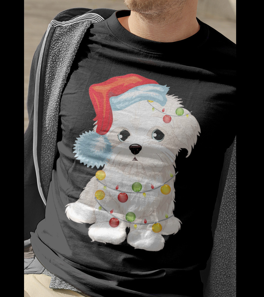 Santa Hat Maltese Dog Wrapped In Christmas Lights T-Shirt