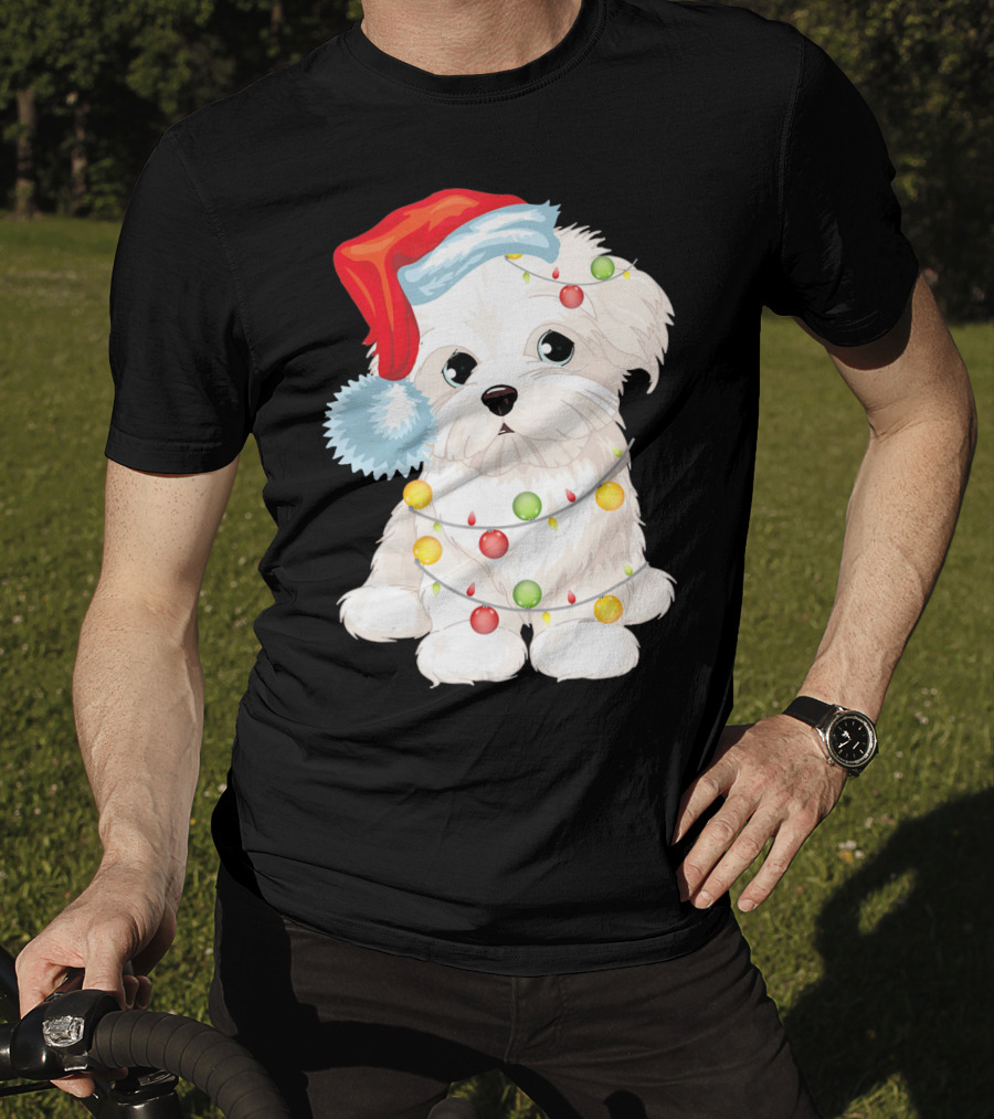 Santa Hat Maltese Dog Wrapped In Christmas Lights T-Shirt