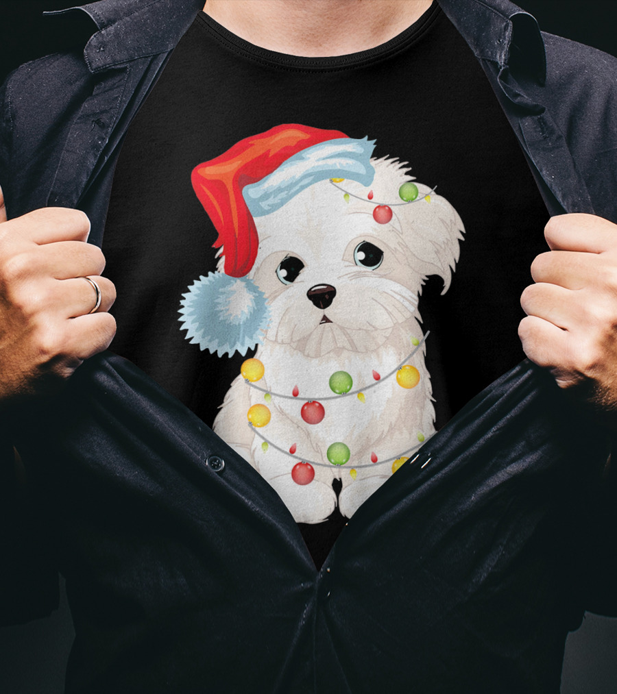 Santa Hat Maltese Dog Wrapped In Christmas Lights T-Shirt