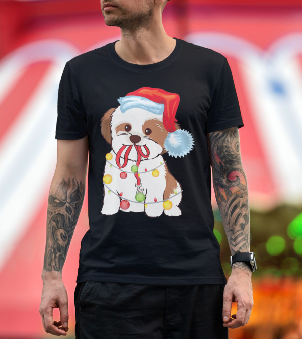 Premium T-Shirt: Christmas Lights Shih Tzu with Santa Hat and Festive Ornaments T-Shirt Christmas Lights Shih Tzu with Santa Hat and Festive Ornaments T-Shirt