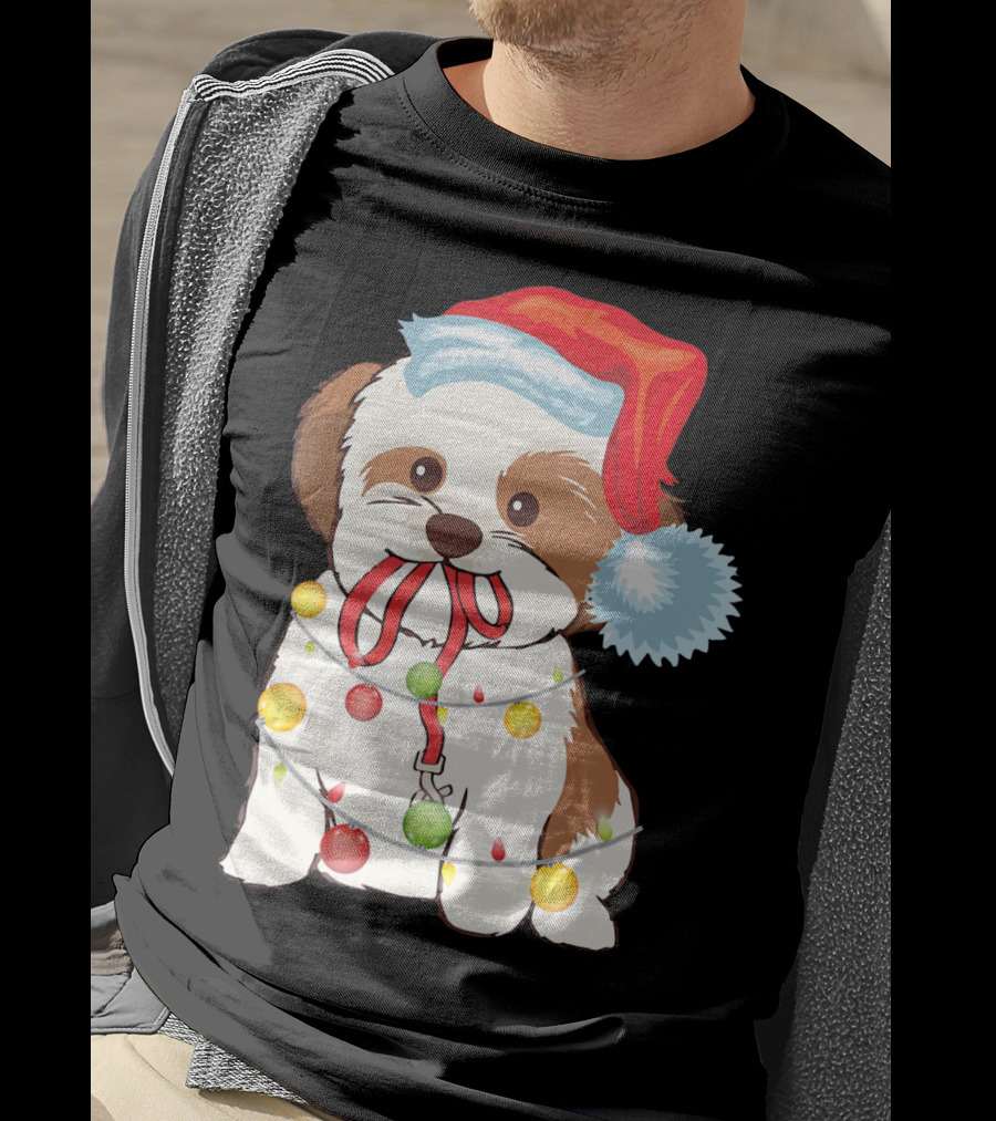 Christmas Lights Shih Tzu With Santa Hat And Festive Ornaments T-Shirt