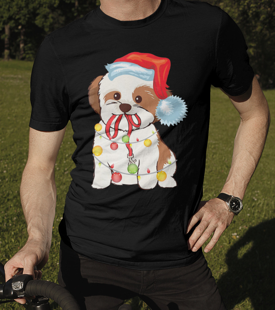 Christmas Lights Shih Tzu With Santa Hat And Festive Ornaments T-Shirt