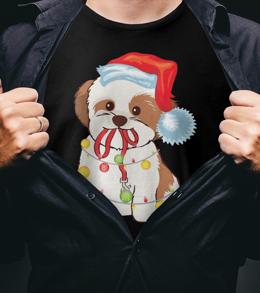 Christmas Lights Shih Tzu With Santa Hat And Festive Ornaments T-Shirt