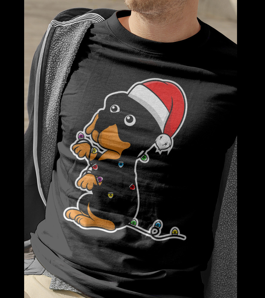 Christmas Rottweiler Puppy Santa Hat Lights T-Shirt