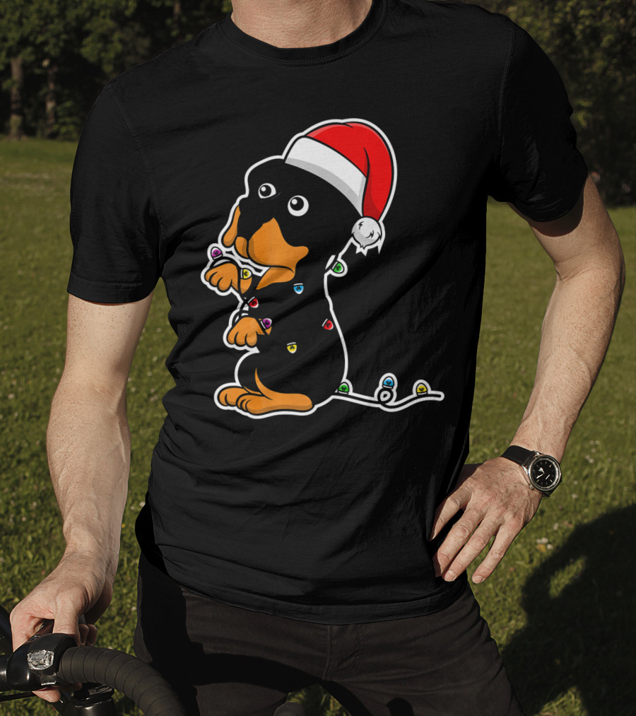 Christmas Rottweiler Puppy Santa Hat Lights T-Shirt