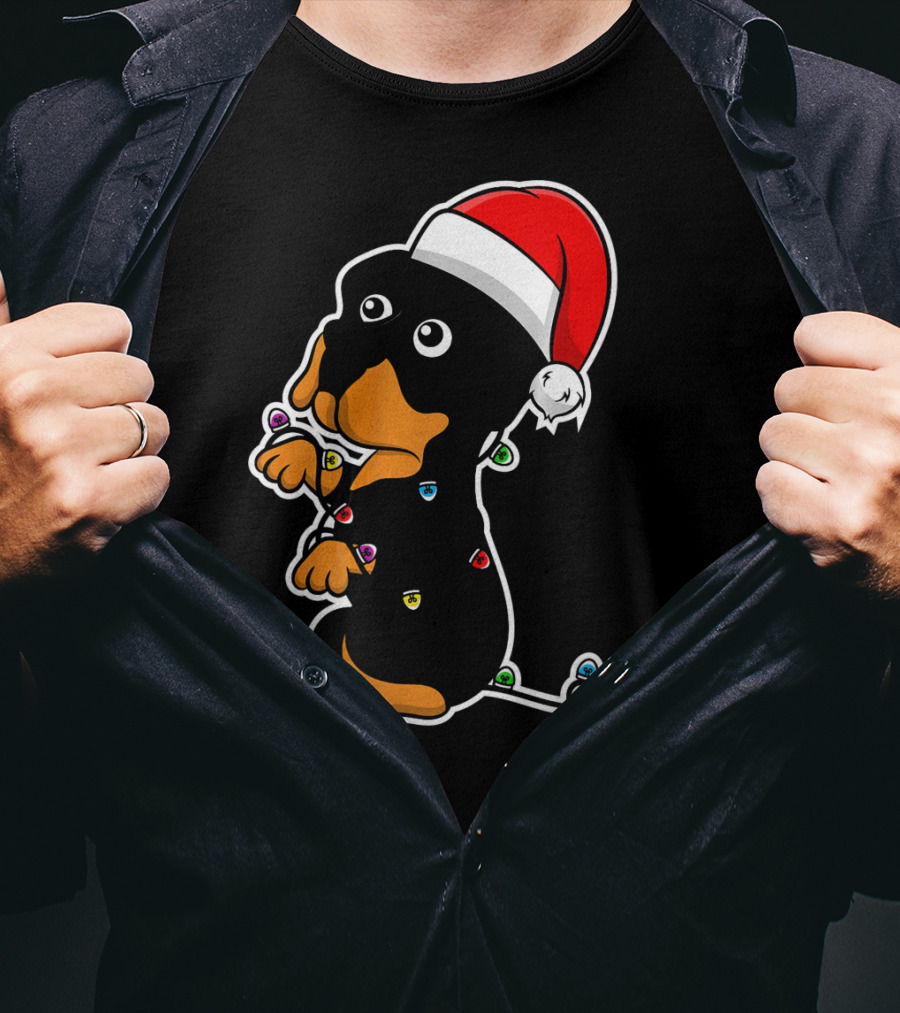 Christmas Rottweiler Puppy Santa Hat Lights T-Shirt