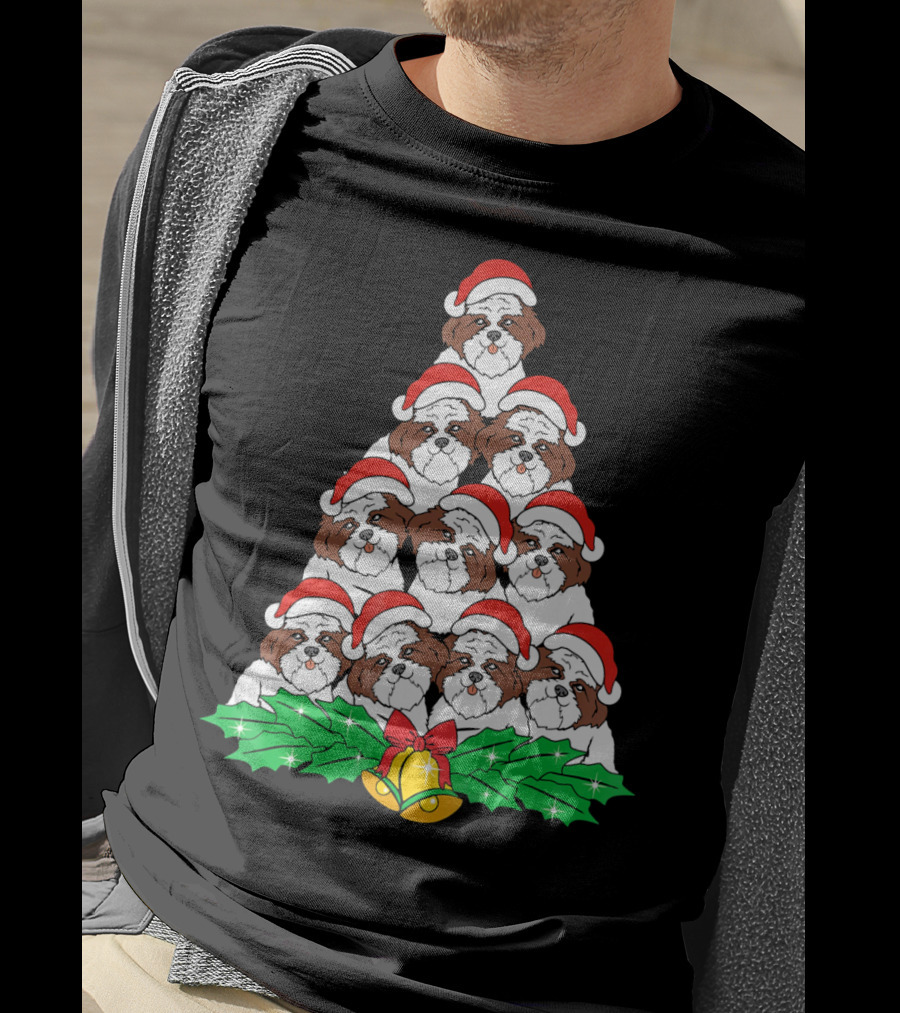 Christmas Shih Tzu Santa Hats Tree With Holly And Bells T-Shirt