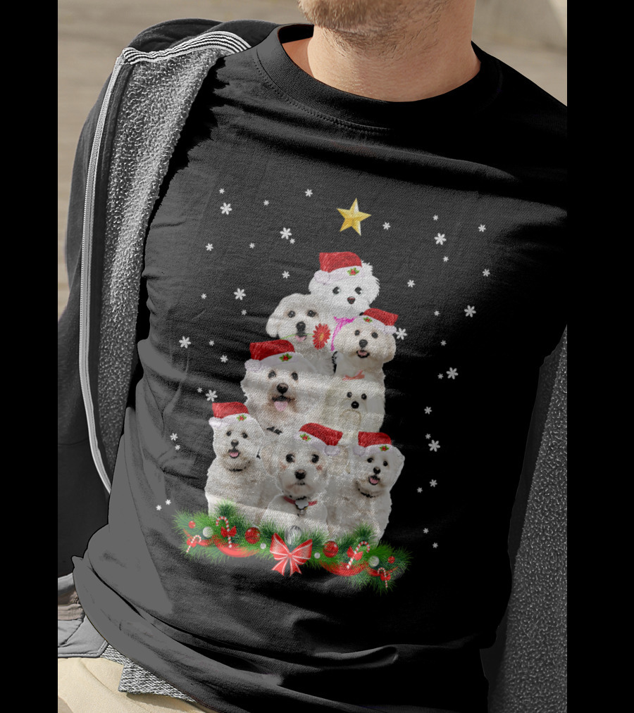 Maltese Dogs Christmas Tree With Santa Hats And Star T-Shirt