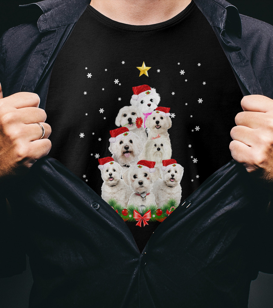 Maltese Dogs Christmas Tree With Santa Hats And Star T-Shirt