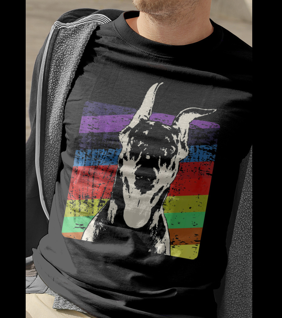 Classic Vintage Doberman Pinscher Rainbow Stripes Retro T-Shirt