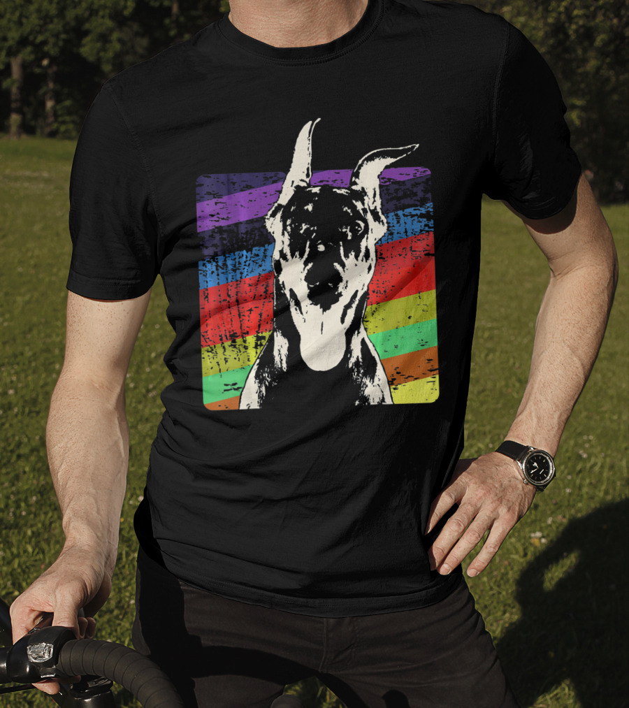 Classic Vintage Doberman Pinscher Rainbow Stripes Retro T-Shirt