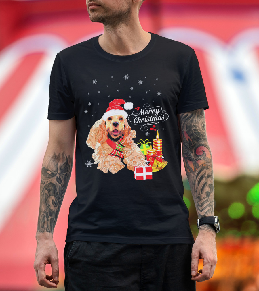 Cocker Spaniel Merry Christmas Santa Hat Presents Candles Snowflakes T-Shirt
