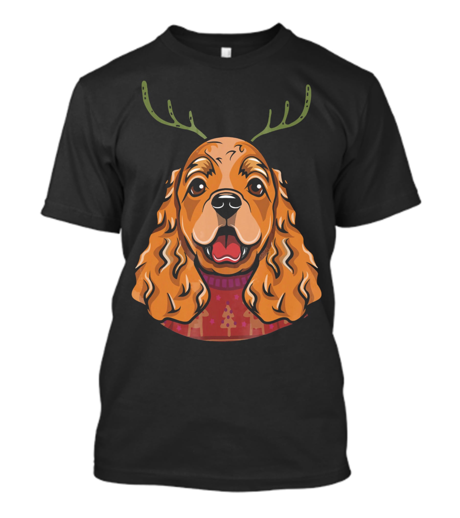 Cocker Spaniel Dog With Reindeer Antlers And Holiday T-Shirt