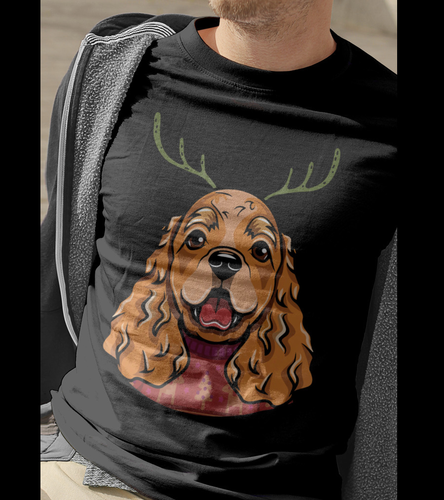 Cocker Spaniel Dog With Reindeer Antlers And Holiday T-Shirt