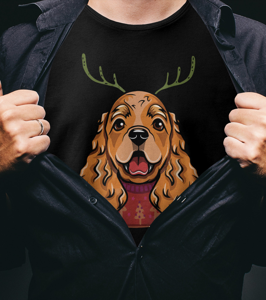 Cocker Spaniel Dog With Reindeer Antlers And Holiday T-Shirt