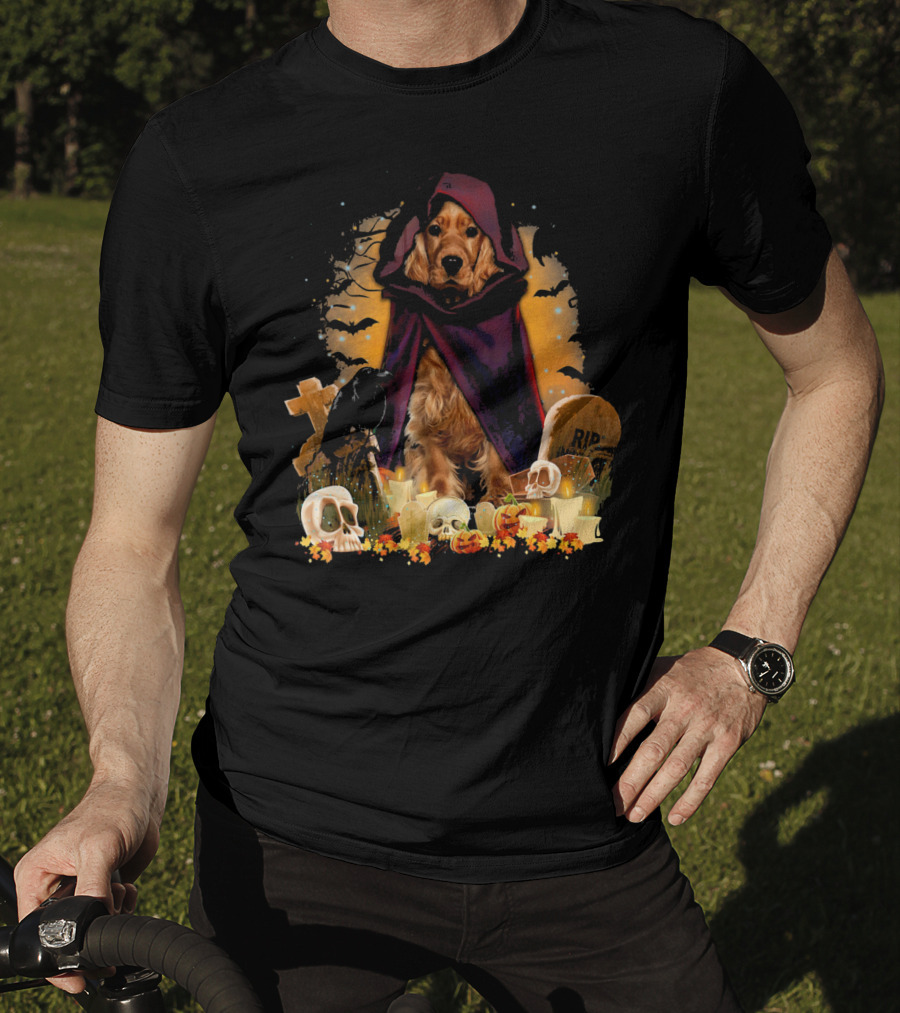 Cocker Spaniel Halloween Hooded Dog With Skulls And Tombstones T-Shirt