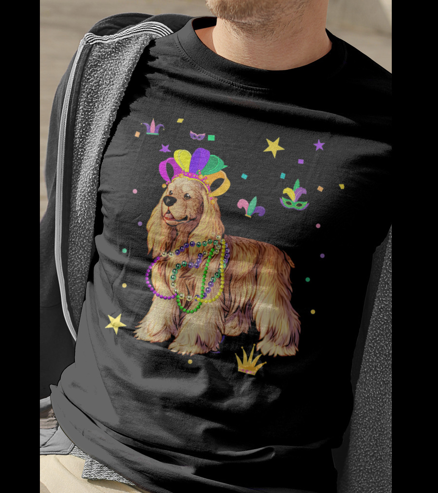 Cocker Spaniel Dog Mardi Gras Party Celebration Beads And Mask T-Shirt