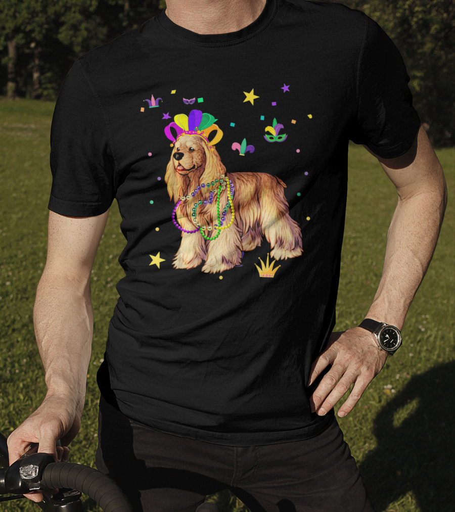 Cocker Spaniel Dog Mardi Gras Party Celebration Beads And Mask T-Shirt