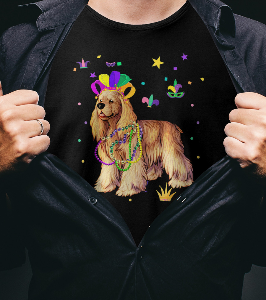Cocker Spaniel Dog Mardi Gras Party Celebration Beads And Mask T-Shirt