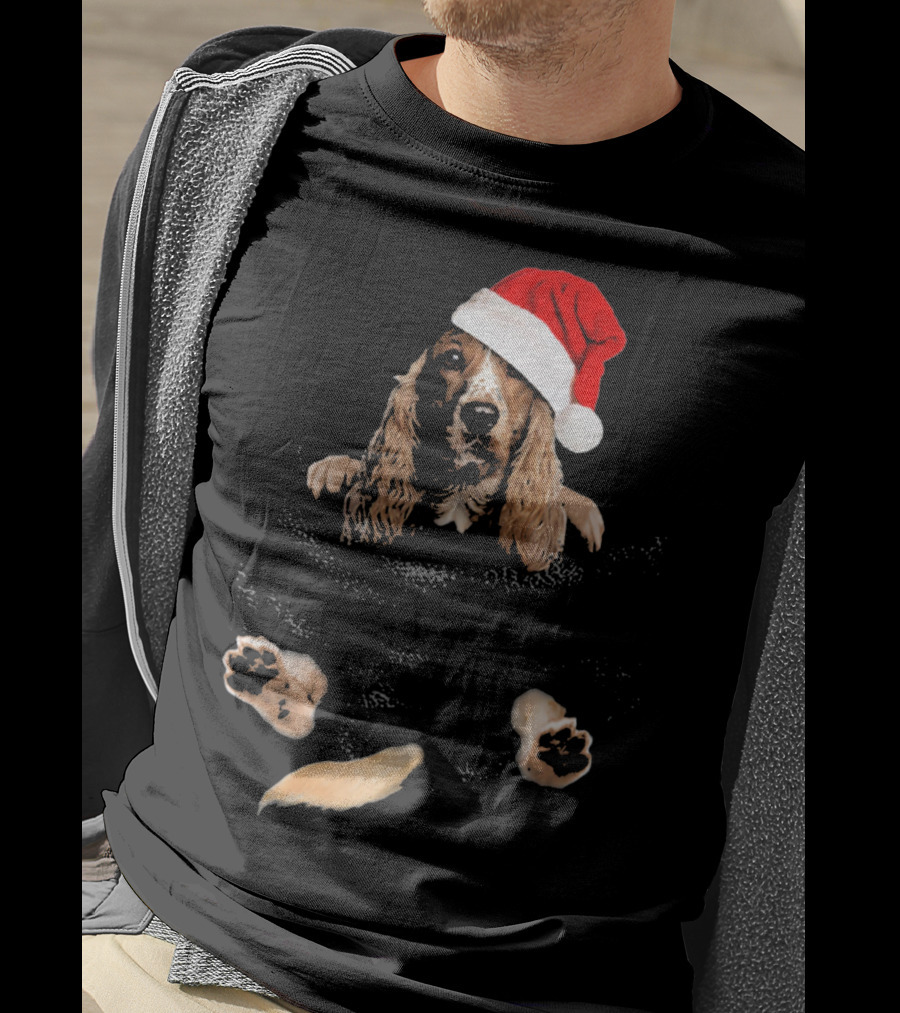 Cocker Spaniel Christmas Santa Hat In Pocket T-Shirt