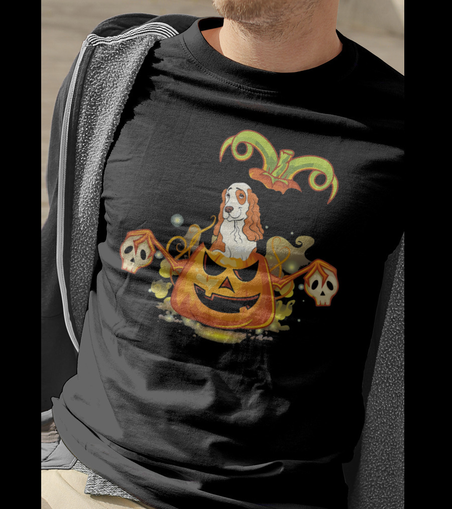 Cocker Spaniel Dog Halloween Pumpkin With Skulls T-Shirt