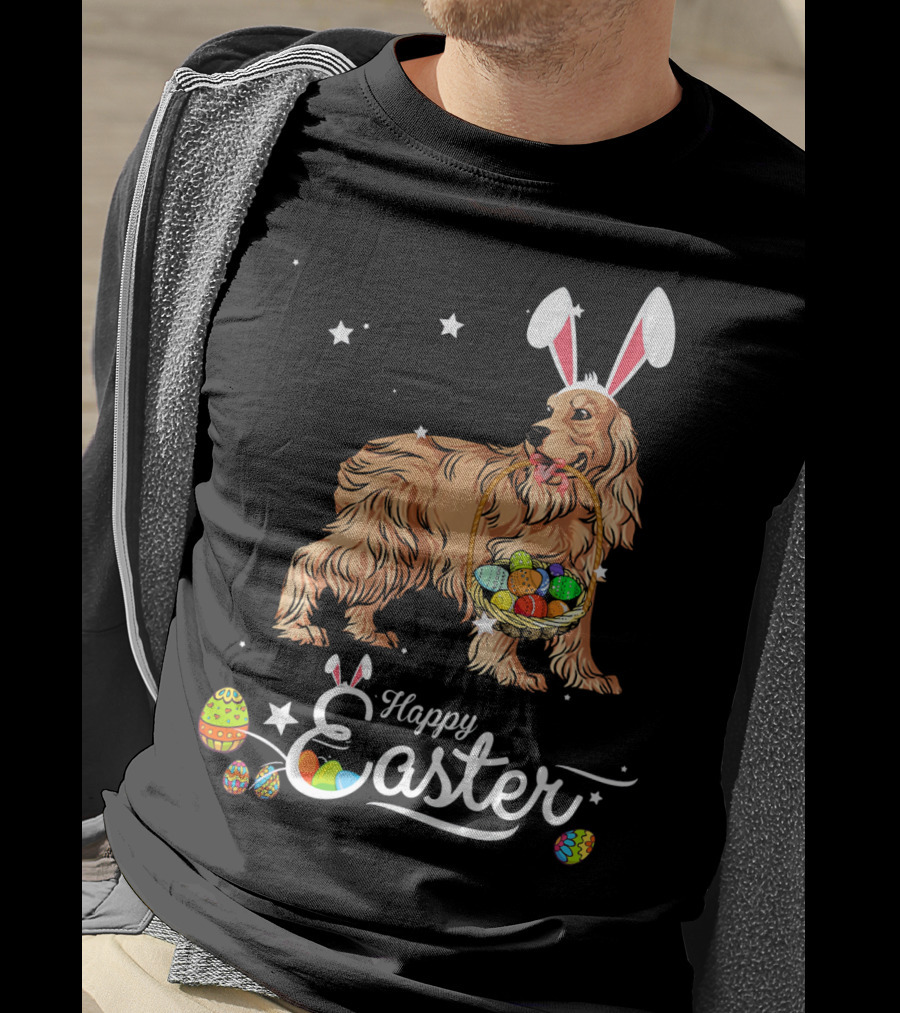 Cocker Spaniel With Bunny Hat Holding Easter Egg Basket Happy Easter T-Shirt