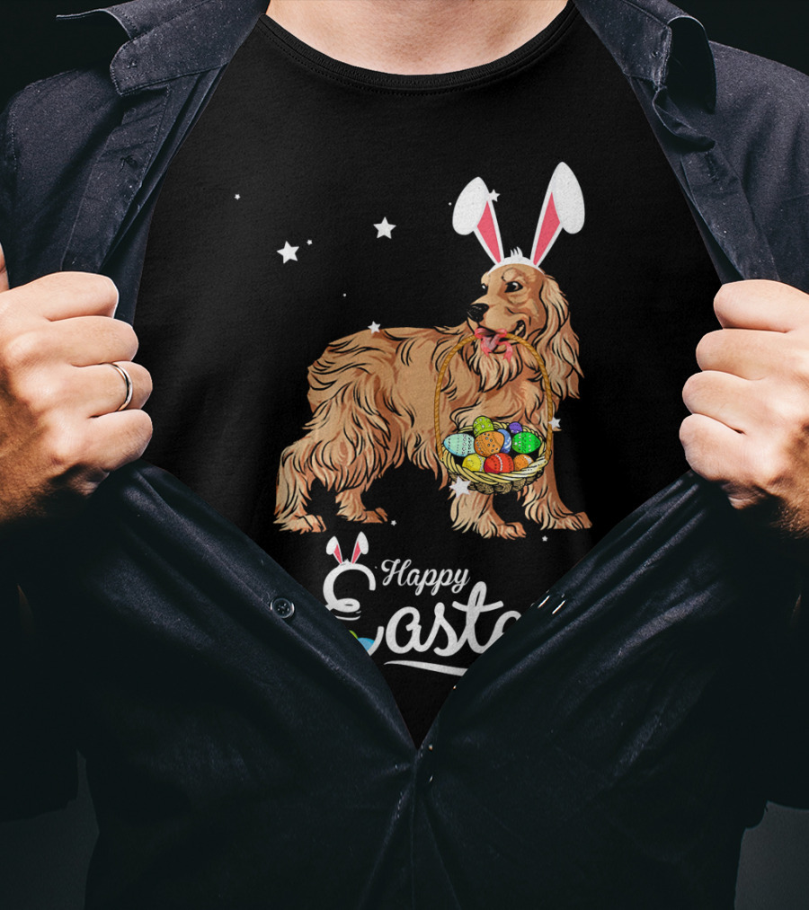 Cocker Spaniel With Bunny Hat Holding Easter Egg Basket Happy Easter T-Shirt