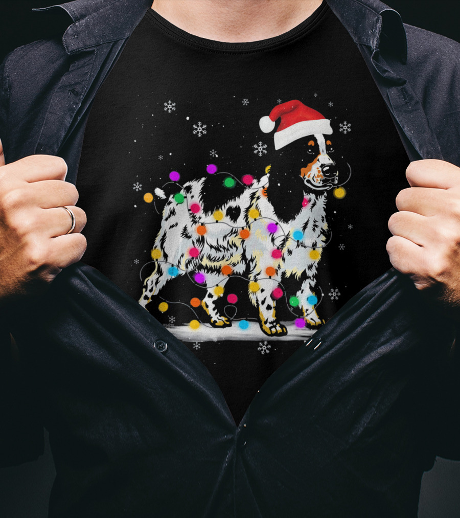 Cocker Spaniel Dog With Christmas Lights Santa Hat Snowflakes T-Shirt