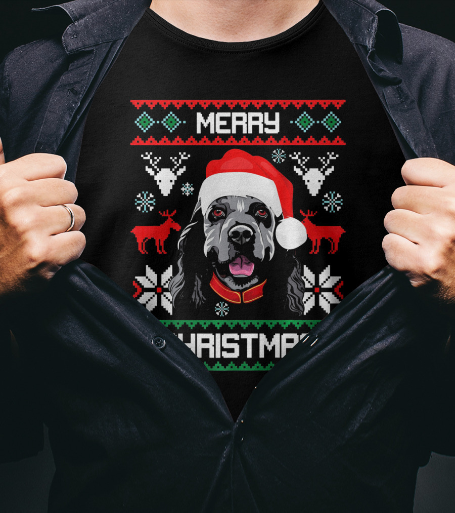 Merry Christmas Cocker Spaniel Dog Santa Hat Retro Holiday T-Shirt