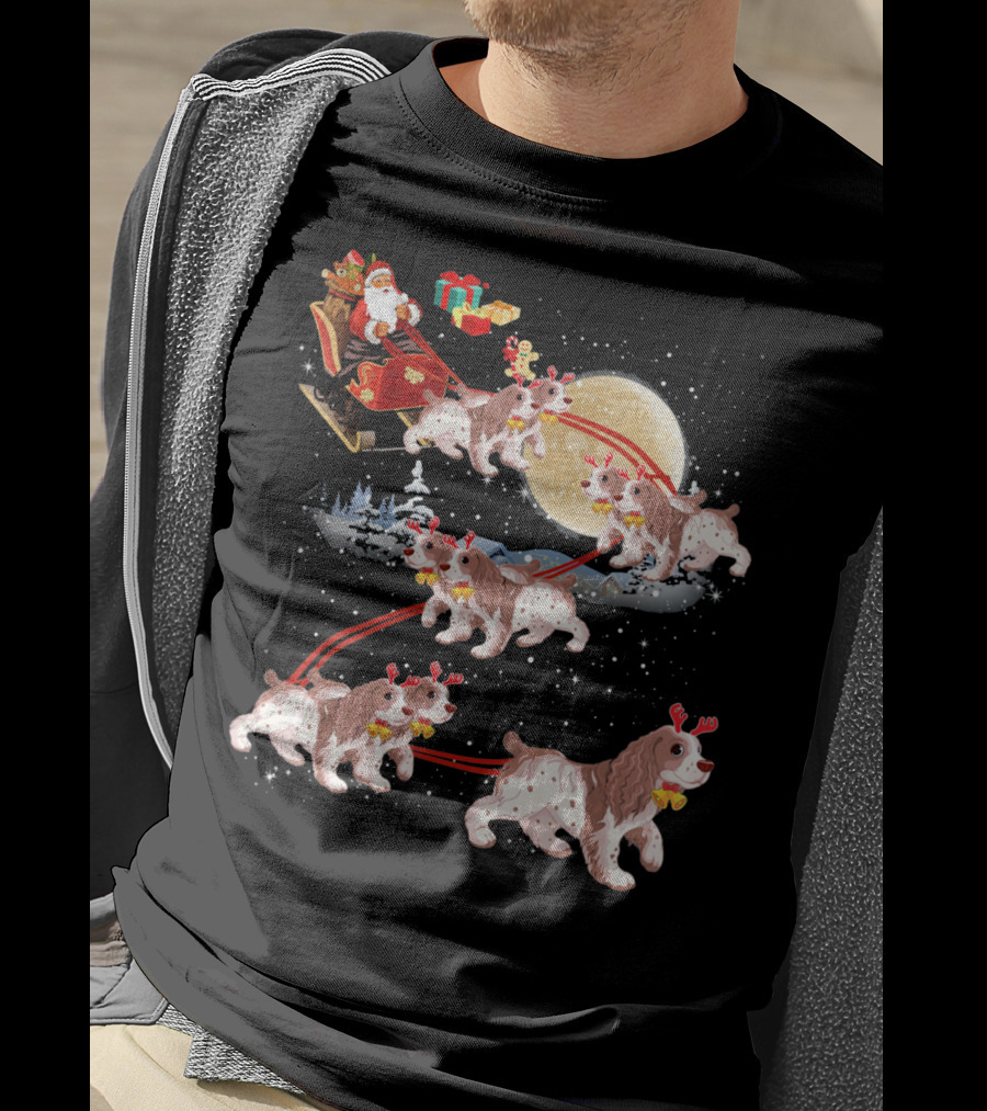 Cocker Spaniel Reindeer Christmas Santa Sleigh Moon T-Shirt