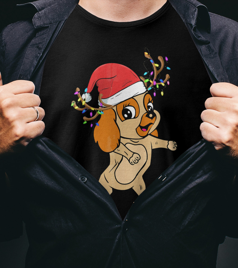Cocker Spaniel Reindeer Christmas Funny Dog With Santa Hat And Festive Antlers T-Shirt