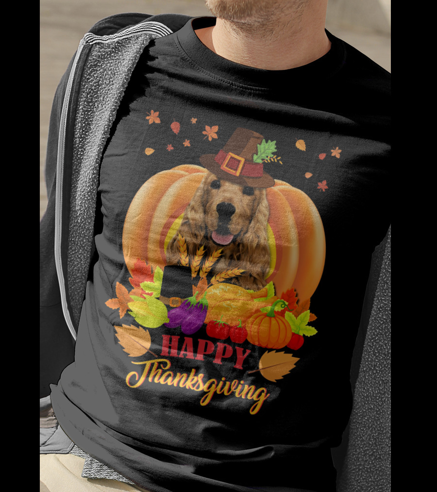 Happy Thanksgiving Cocker Spaniel With Pumpkins And Autumn Harvest T-Shirt