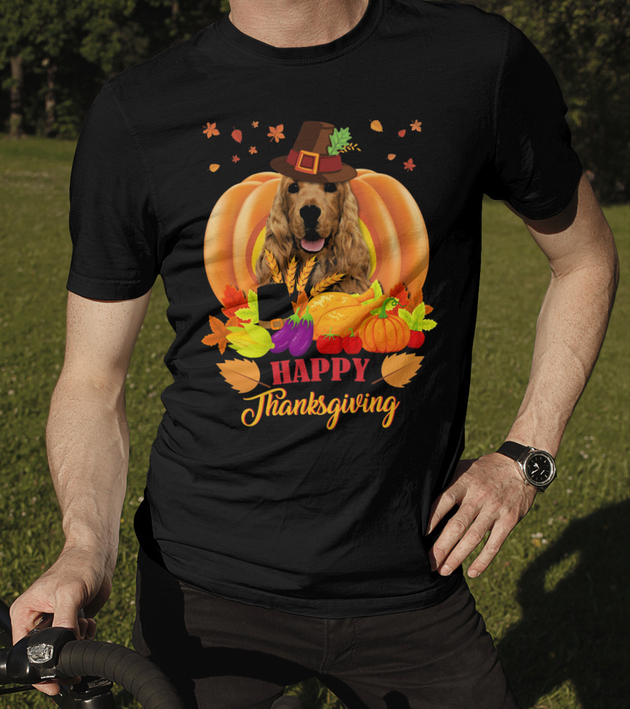 Happy Thanksgiving Cocker Spaniel With Pumpkins And Autumn Harvest T-Shirt