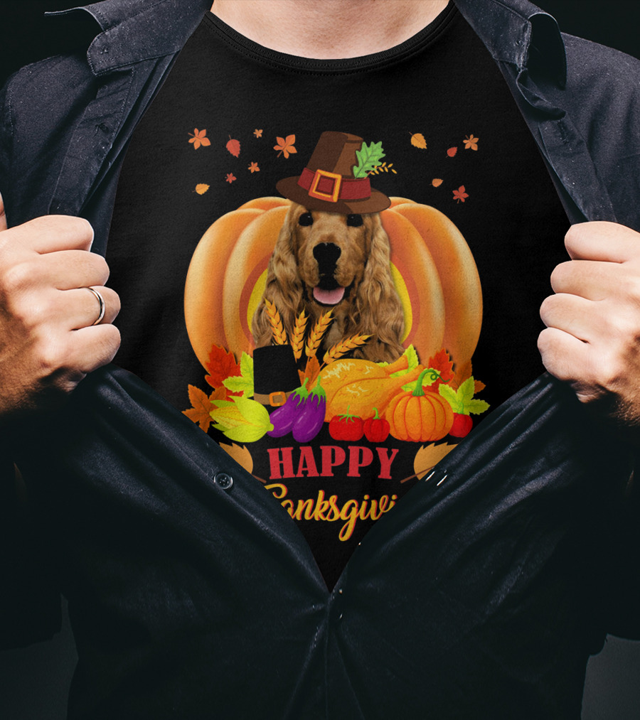 Happy Thanksgiving Cocker Spaniel With Pumpkins And Autumn Harvest T-Shirt